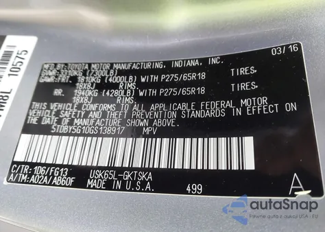 2016 Toyota Sequoia Sr5 5.7L V8 from USA, damaged, VIN 5TDBY5G10GS138917